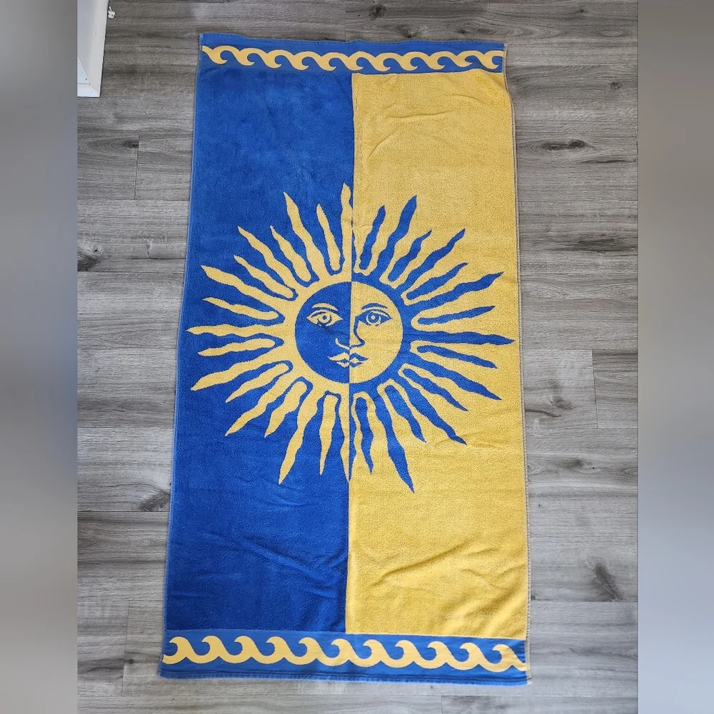 Vintage Celestial Beach Towel Sun Moon Stars Whimsigoth 30x60 Reversible